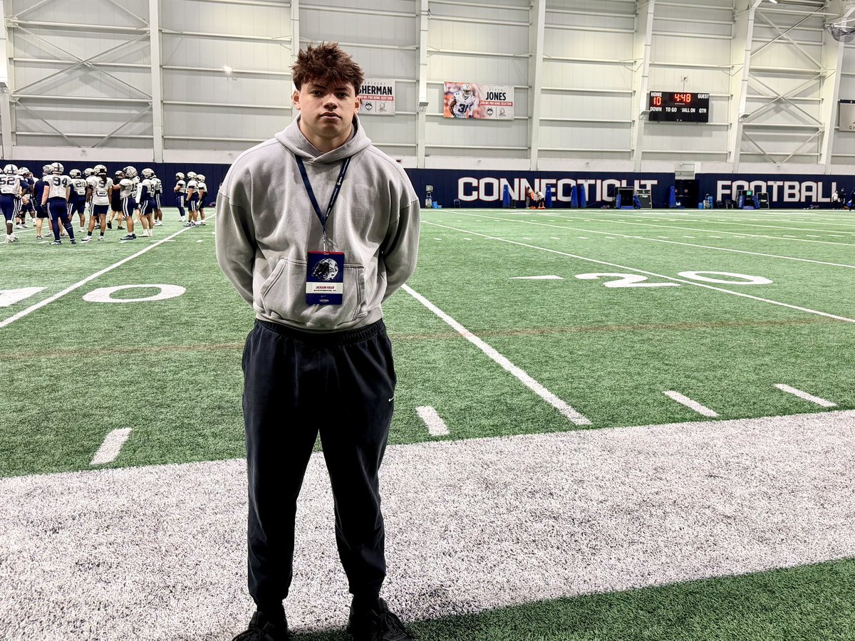 JacksonFuller81's tweet photo. Thank you @CoachLeddy12  for giving me the opportunity to see @UConnFootball today. Loved my time there and looking forward to being back later this spring!
@CoachJ_Schaefer 
@CoachBeaton1 
@CoachMartinESA 
@GMUConnFB 
@PactPerformance https://t.co/BqtS8pvGdm