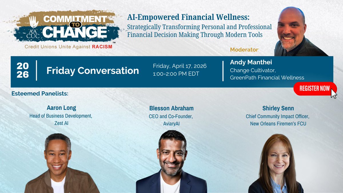 AACUC1's tweet image. Join our April CTC Friday Conversation &amp;amp; discover how CUs can elevate financial wellness, personalize member experiences, and use real-time insights to drive smarter decisions.

Register today! members.aacuc.org/ap/Events/Regi…

#AACUCCTC #AI #commitmenttochange