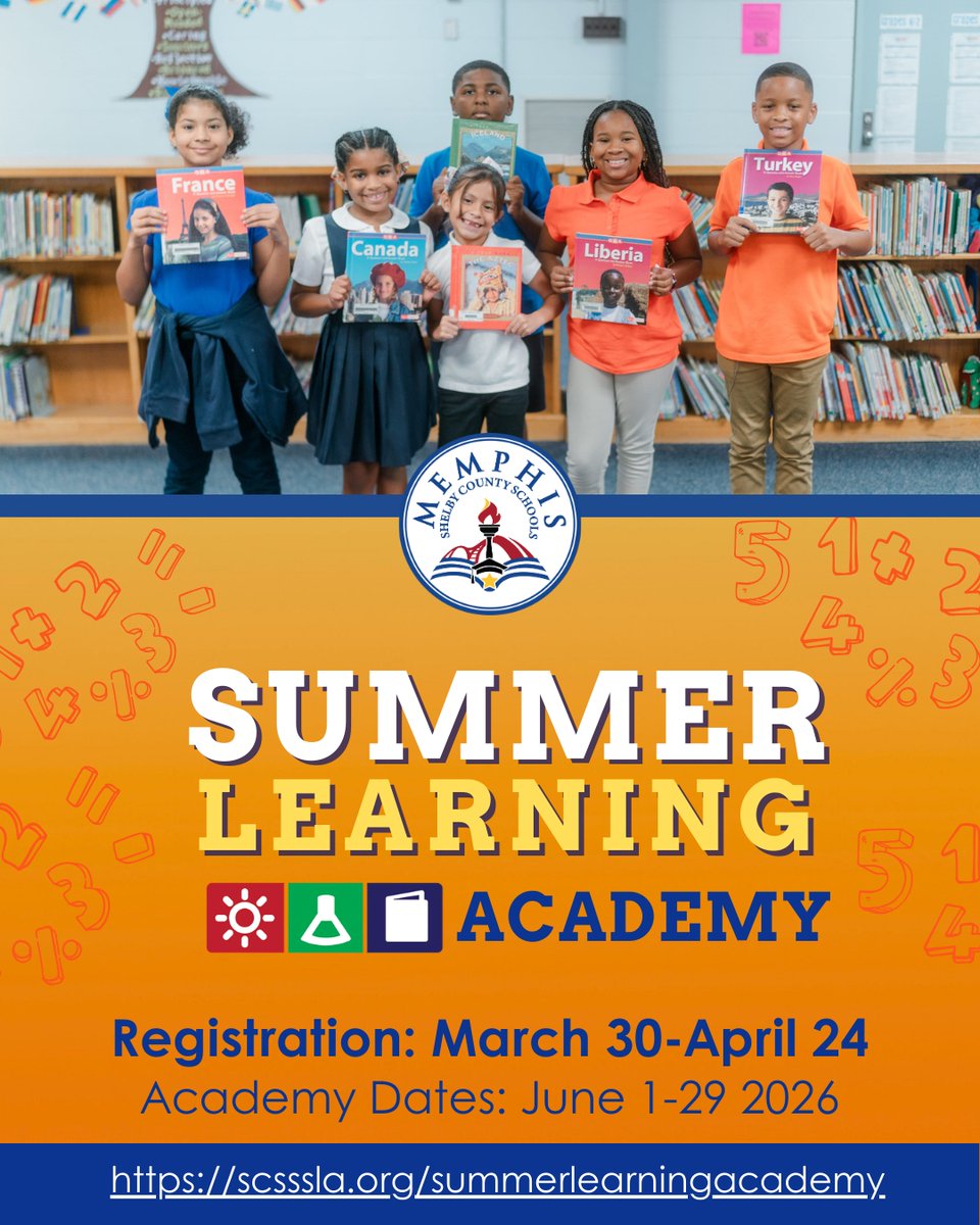 MSCSK12's tweet image. Registration for the 2026 Summer Learning Academy is OPEN until April 24! Join us for four weeks of reading, math, and fun for rising K-9 students!

🔗 To learn more, visit scsssla.org/summerlearning….

#MSCS #SummerLearning