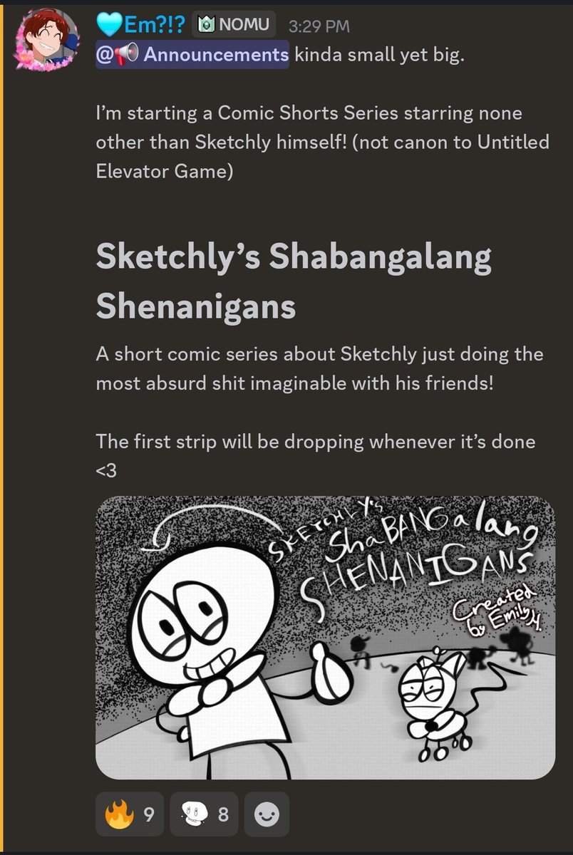UEG_News's tweet photo. 🚨News🚨

Emily is going to be making a short comic series that revolves around Sketchly! 
The comic will be posted on almost all of her socials, and will be posted a day early on Newgrounds!

📢This information comes from the Official UEG/DHP Server📢
#untitledelevatorgame #ueg https://t.co/9HRlbvSi8u