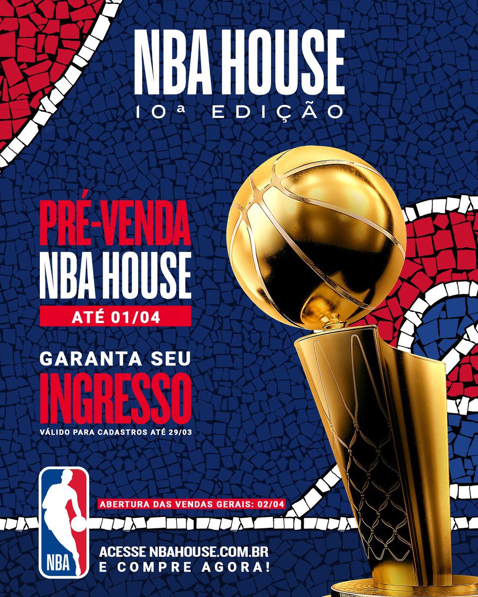 NBABrasil's tweet image. Pra quem se cadastrou até dia 29/03, a pré-venda para a NBA House JÁ ESTÁ ABERTA! 🤩🎟️ Vocês têm até AMANHÃ (01/04), para garantir os ingressos, porque na QUINTA (02/04), abrem as VENDAS GERAIS! Já marca no calendário. 🗓️

#NBAHouse