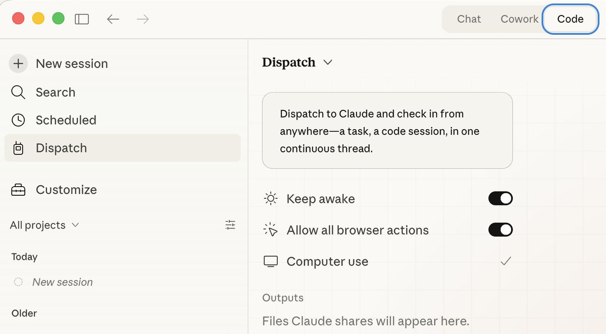 emailnitram's tweet photo. Is Dispatch supposed to be showing on Code tab?  i still havent been able to get Dispatch working since last week. updated to latest desktop app and ios app but still nothing https://t.co/79GZoBje4H