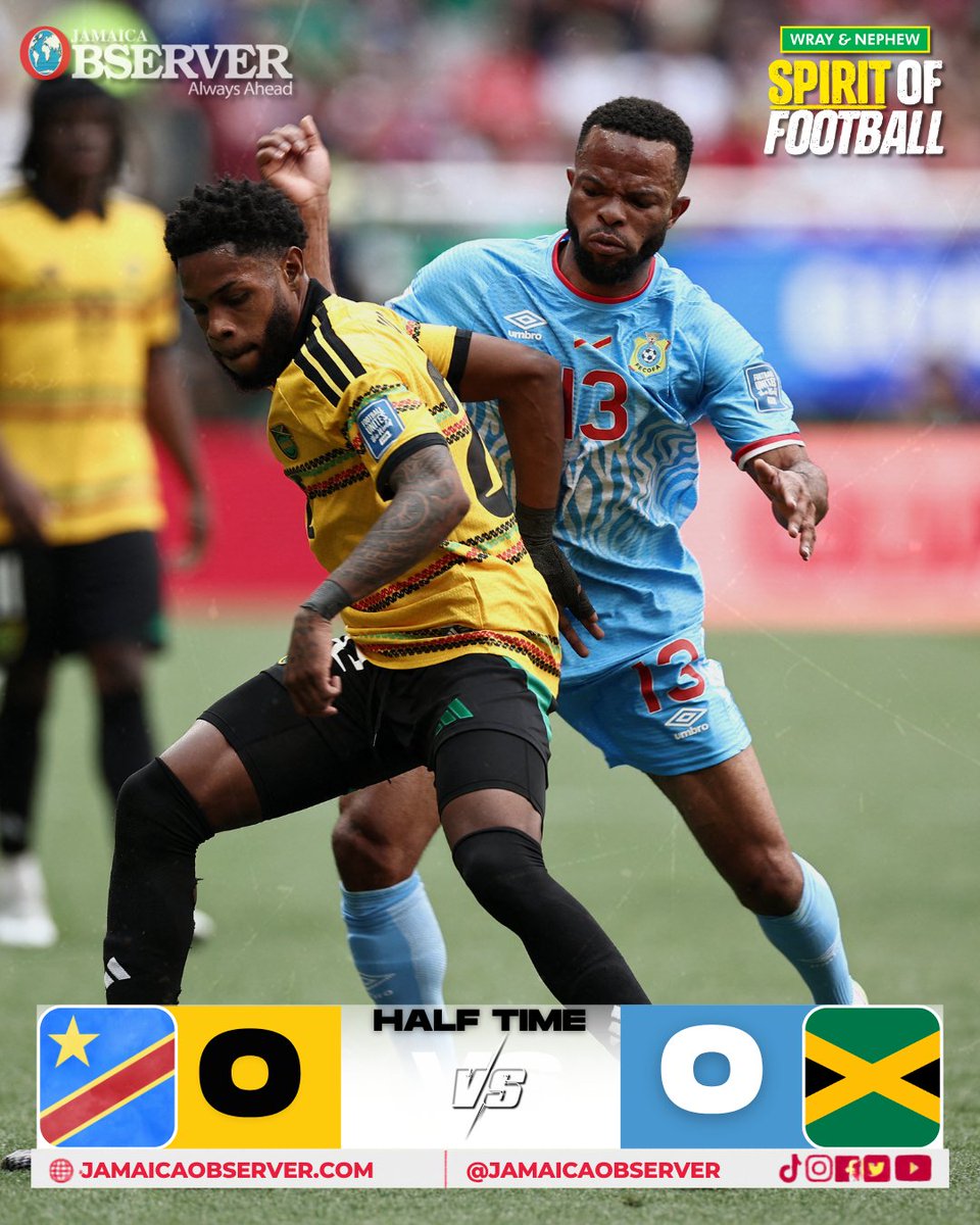 JamaicaObserver's tweet photo. Deadlock at half-time 🇯🇲⚔️🇨🇩

The Reggae Boyz continue to dig deep in a tense encounter with DR Congo.

The next 45 minutes could decide everything.

[📸:ULISES RUIZ / AFP]
#ReggaeBoyz #JamaicaObserver #JamaicaFootball #JFF #WorldCupQualifiers #WrayRum https://t.co/A4pVVA8oEj