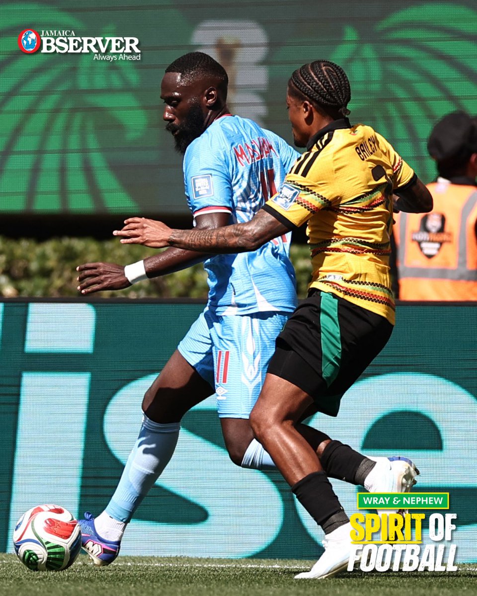 JamaicaObserver's tweet photo. Deadlock at half-time 🇯🇲⚔️🇨🇩

The Reggae Boyz continue to dig deep in a tense encounter with DR Congo.

The next 45 minutes could decide everything.

[📸:ULISES RUIZ / AFP]
#ReggaeBoyz #JamaicaObserver #JamaicaFootball #JFF #WorldCupQualifiers #WrayRum https://t.co/A4pVVA8oEj