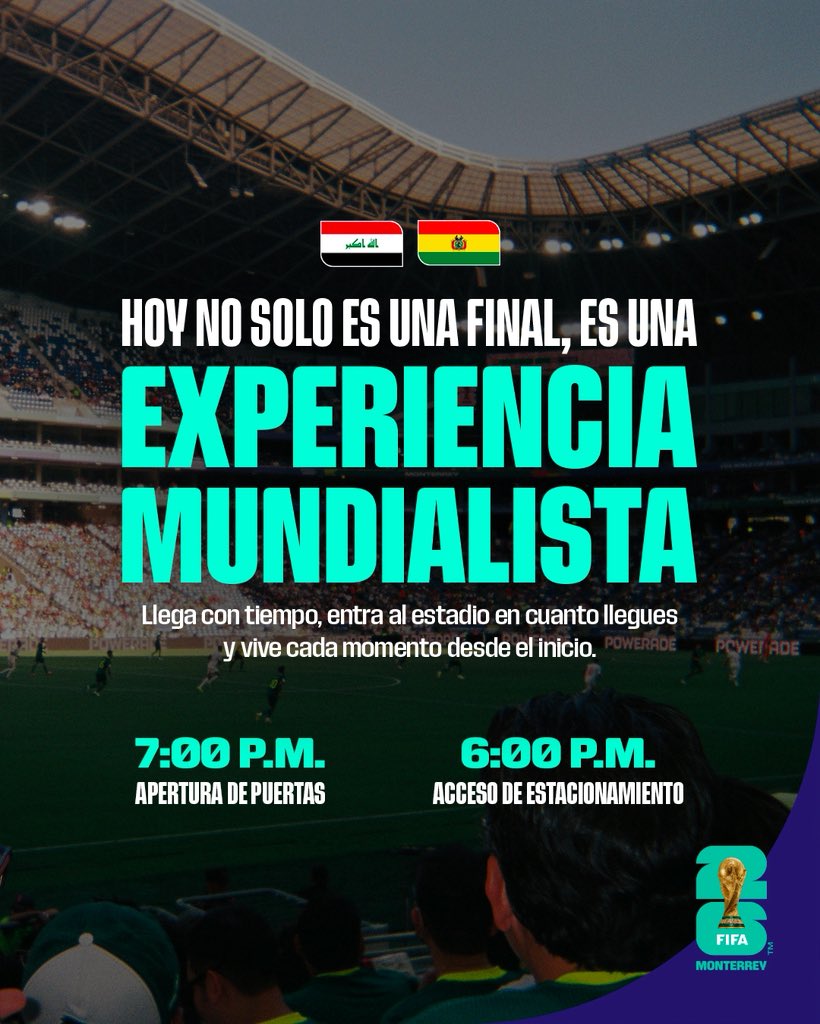 MonterreyFWC26's tweet image. Hoy conoceremos al último clasificado al Mundial 2026™️. Llega con tiempo y vive la experiencia desde el inicio. 🏟️⚽️
-
Today we’ll meet the final team qualified for the World Cup 2026™️. Arrive early and enjoy the experience from the start. 🏟️⚽️

#WeAreReady #Somos26