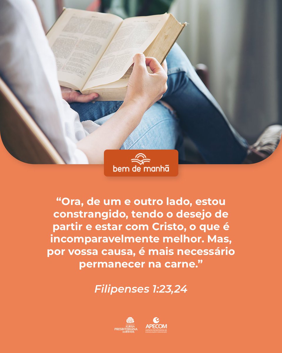 ipboficial's tweet photo. Bem de Manhã: Comece o dia meditando na sabedoria de Deus.

“Ora, de um e outro lado, estou constrangido, tendo o desejo de partir e estar com Cristo, o que é incomparavelmente melhor. Mas, por vossa causa, é mais necessário permanecer na carne.”

Filipenses 1:23,24 https://t.co/aBFOqRSHdk