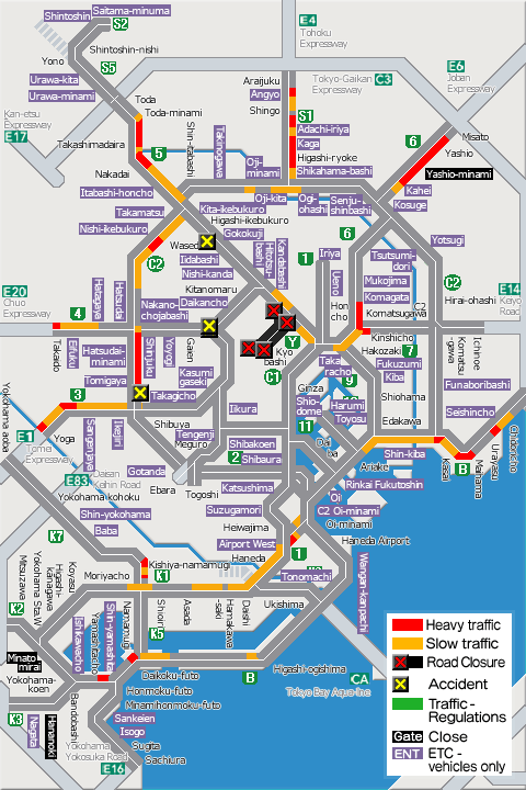 shutoko_EN's tweet photo. This map shows the traffic conditions as of  7 a.m. on the Metropolitan Expressway. For more information, please see the following link.
#Shutoko
https://t.co/cIezY4a0MV https://t.co/UvEXuPJxJa