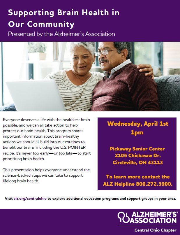 PC_PublicHealth's tweet image. 🧠 Support your brain health at every age!

Join this Alzheimer’s Association presentation:
📅 April 1 | 1 PM
📍 Pickaway Senior Center

Learn simple steps to support lifelong brain health 💜

📞 800-272-3900
#BrainHealth #PCPH #HealthyAging