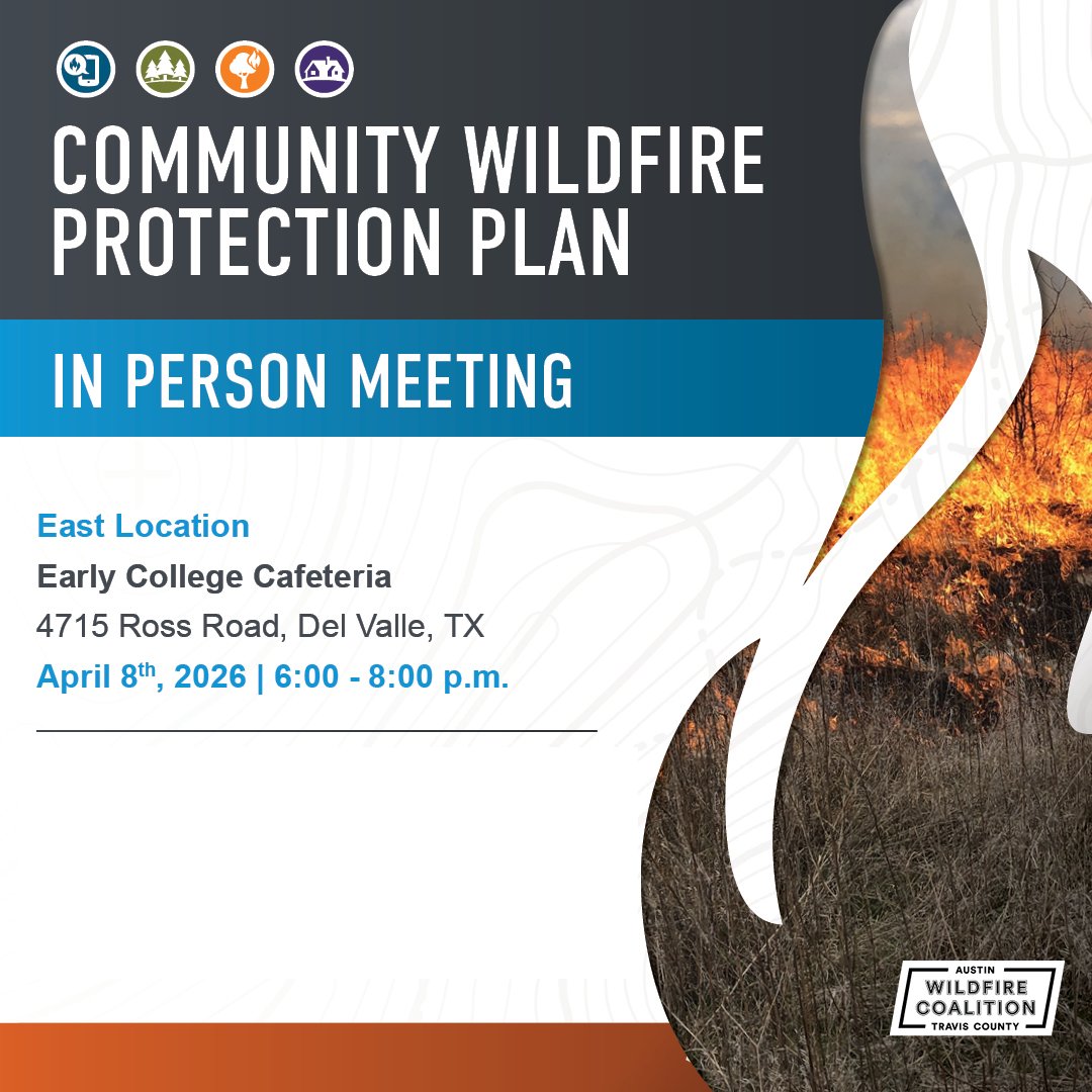 ManchacaFire's tweet photo. Join us for a public forum and Q&A for the Community Wildfire Protection Plan (CWPP) currently being worked on for Travis County and City of Austin residents.  Wednesday, April 8th from 6p-8p at the Early College cafeteria at 4715 Ross Road in SE Travis County.

#CommunitySafety #traviscountyesds #weloveourcommunity #riskreduction