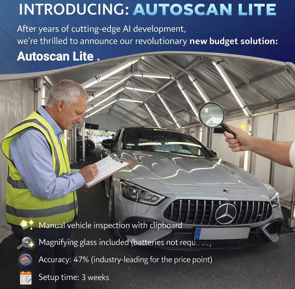 AutoscanGmbH's tweet photo. Introducing Autoscan Lite: the manual solution for those who love clipboards and low accuracy. 🔍 It might take 3 weeks to set up, but hey, batteries aren't required! 😂 Happy April Fools'! Our real AI tech scans in 3 seconds with 95%+ accuracy—no guesswork, just precision. https://t.co/vbK5TMHTKv