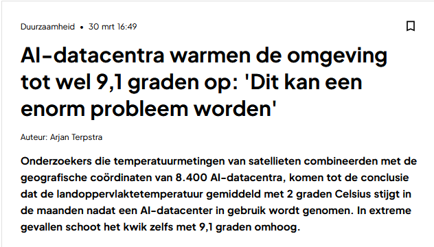 Miss_Royal73's tweet photo. #AI-datacentra warmen de omgeving tot wel 9,1 graden op: 'Dit kan een enorm probleem worden.' ๐ค
Dus Nederland is straks รฉรฉn groot #HitteEiland... ๐
Het #opwarmings-effect gold niet alleen voor de directe omgeving van de #datacenters: er werden verhoogde temperaturen tot wel tien kilometer verderop waargenomen. De onderzoekers spreken in dit kader van 'data-hitte-eilanden' die een eigen #microklimaat ontwikkelen dat warmer is dan dat van de omgeving.
Alles voor het #klimaat, toch?? ๐คก