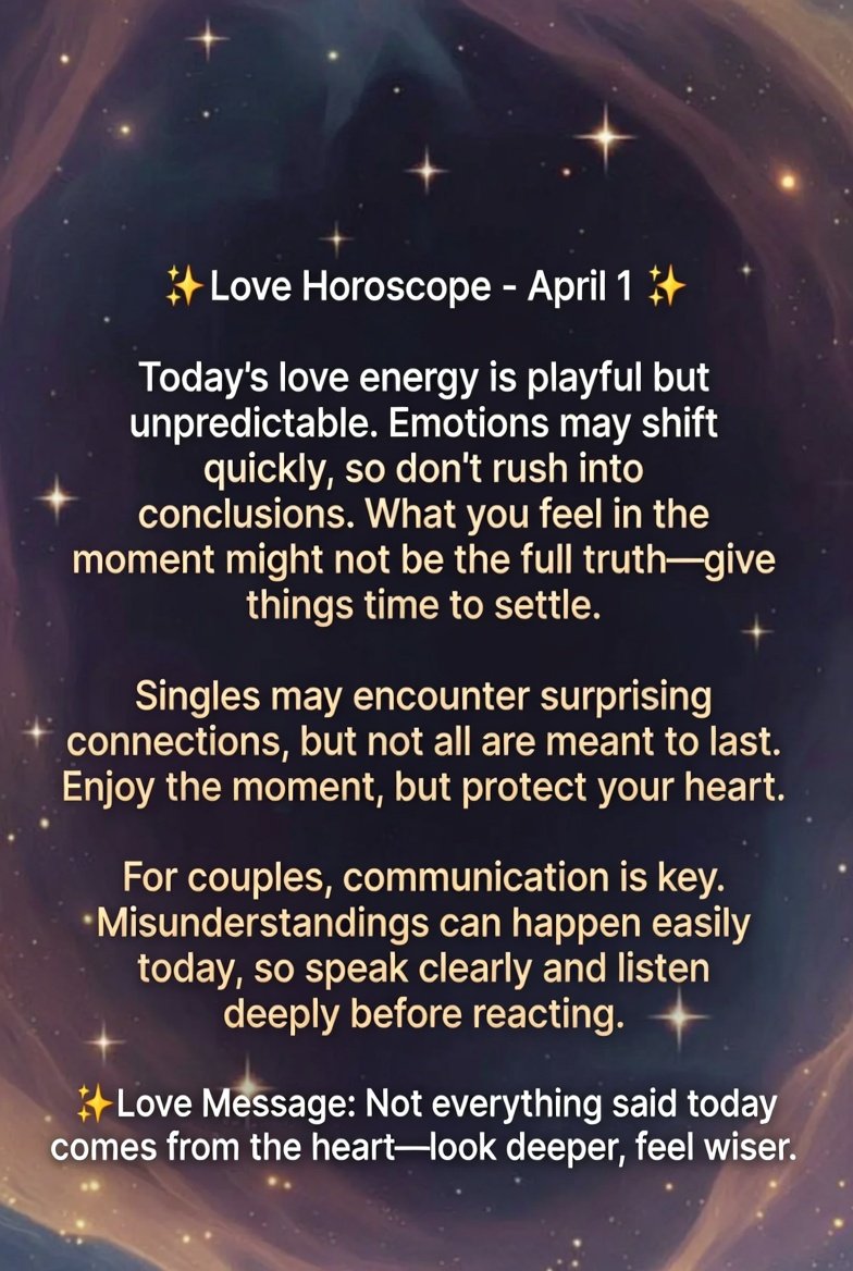 ZodiacGloria's tweet image. 💖 Love Horoscope: Emotions are playful today—trust your heart but stay aware of surprises.
#LoveVibes #DailyLove #Horoscope