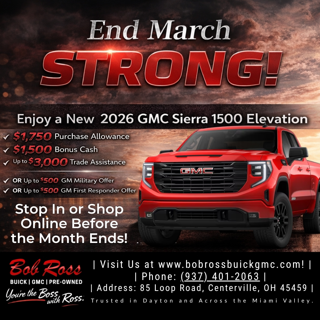 BobRossAuto's tweet image. March deal at Bob Ross Buick GMC! Get $1,750 Purchase Allowance, $1,500 Bonus Cash, plus trade or military offers. 👉 ow.ly/GNyx50YBuPj #GMC #Sierra1500 #TruckLife #DaytonOhio #MiamiValley #BobRossAutoGroup #GMCTruck #Elevation #YoureTheBossWithRoss #ShopLocal 🚗