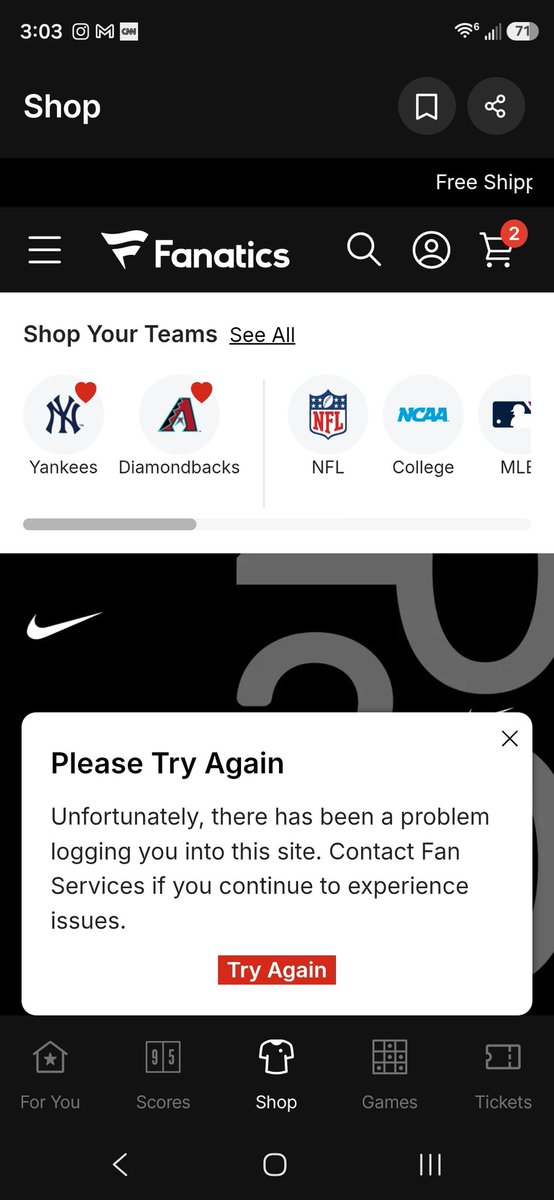 iloveinterwebz's tweet photo. @Fanatics I keep getting an error when I login. I've tried 2 different browsers, computers, my phone, and the app. They all say the same thing.

What am I doing wrong? https://t.co/o5T92kSyYs