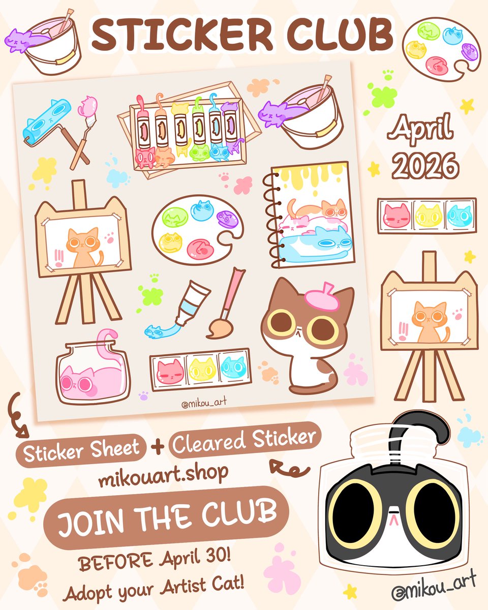 mikou_art's tweet photo. April Sticker Club is here.✨
This time it’s a little tuxedo cat artist.🎨
Painting, colors, and tiny ideas everywhere.
Hope it brings a soft little creative mood to you.
#artist #catart #catartist #stickerclub #mikouart https://t.co/PcdKIasMAc