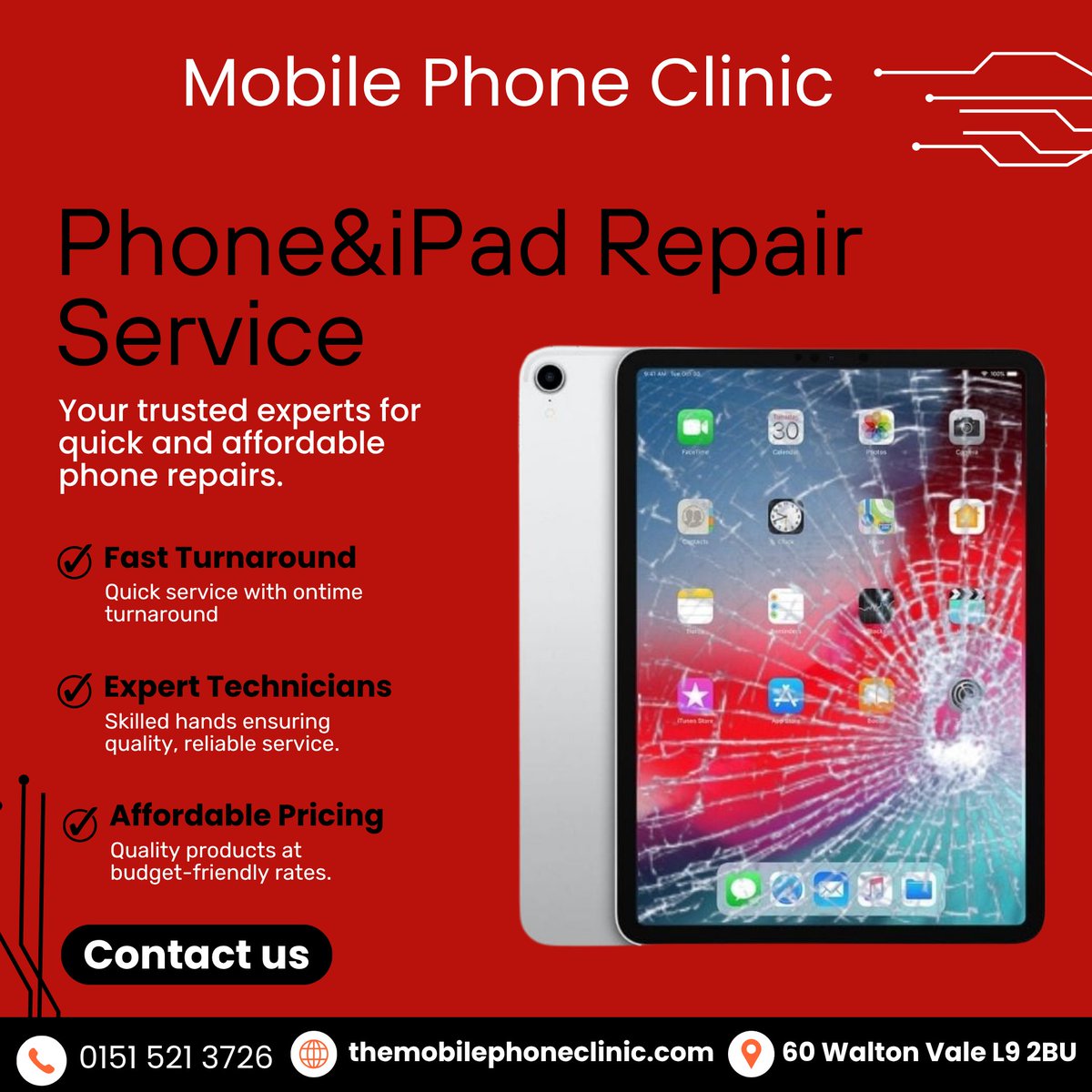 MobilePhoneCli1's tweet photo. Cracked screen? Battery not lasting? At Mobile Phone Clinic, we’ve got you covered!

We specialize in fast, affordable, and reliable phone and iPad repairs — from screen replacements to battery and charging port fixes. Our expert technicians use only high-quality parts https://t.co/ZthaiqxqEy