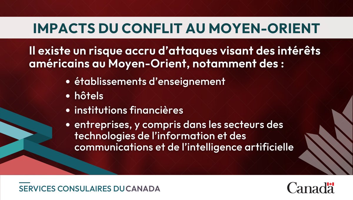 Il existe un risque accru d’attaques visant des intérêts américains au #MoyenOrient, notamment des:

- établissements d’enseignement
- institutions financières
- hôtels
- entreprises, y compris dans les secteurs des TIC et de l’IA

Restez informé - Canada.ca/MoyenOrient