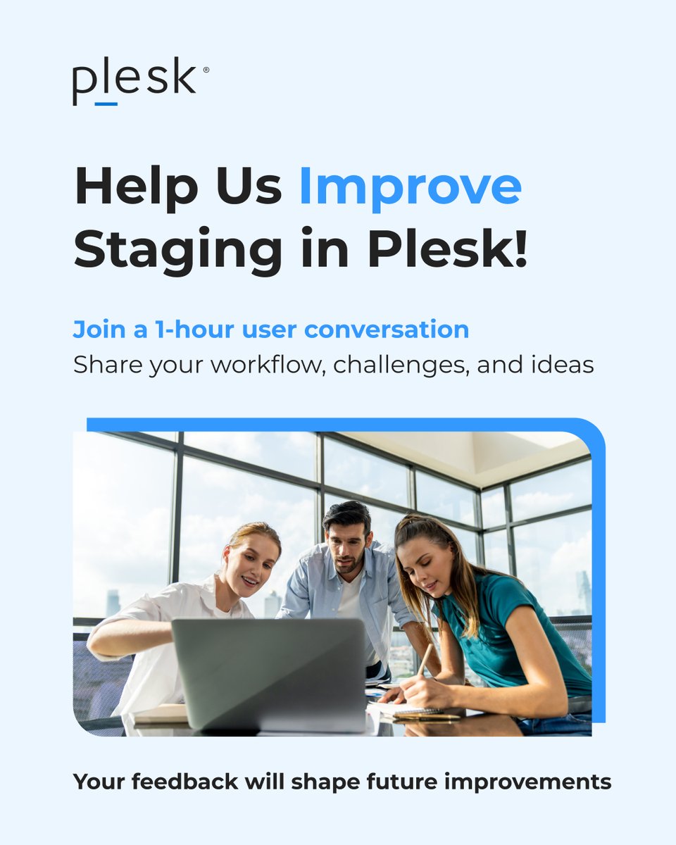 Plesk's tweet image. We’re improving the staging experience in #Plesk, and we want your input! 

Join a 1-hour chat to share how you use staging (#WordPress or other projects) and what would make it better.  

Choose a time that works for you: calendly.com/ivan-postnikov…