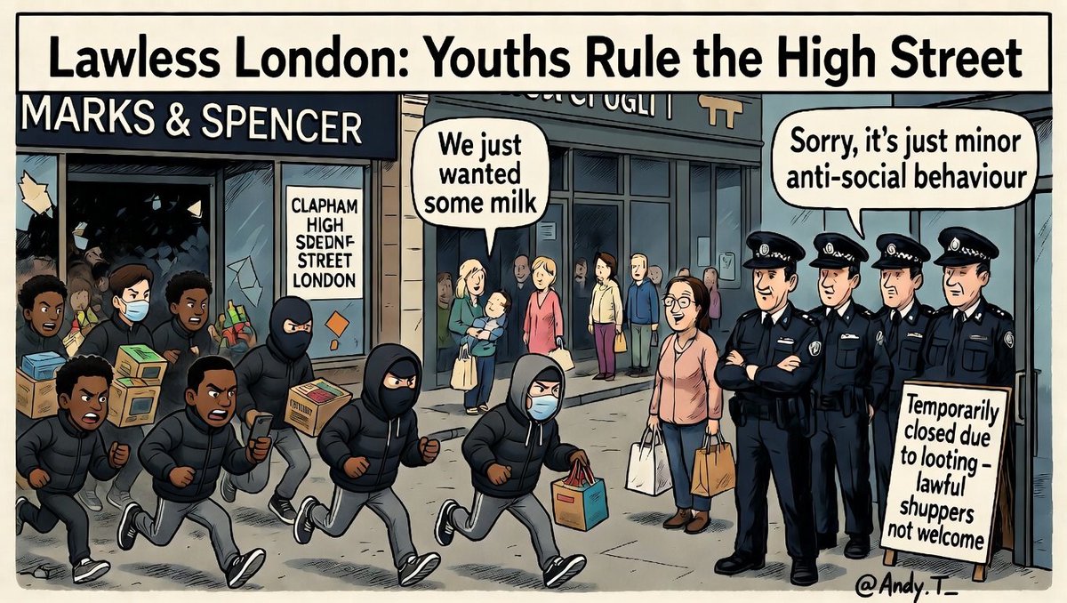 <a href="/jamesd_graham/">James Graham</a> This is Khan's #Londond today. No law and order, gangs know they won't be challenged by supermarket staff or security.

Why work when you can just take anything you want, and no one does anything to stop you.

Where are the police boots that need to be on the ground stopping such
