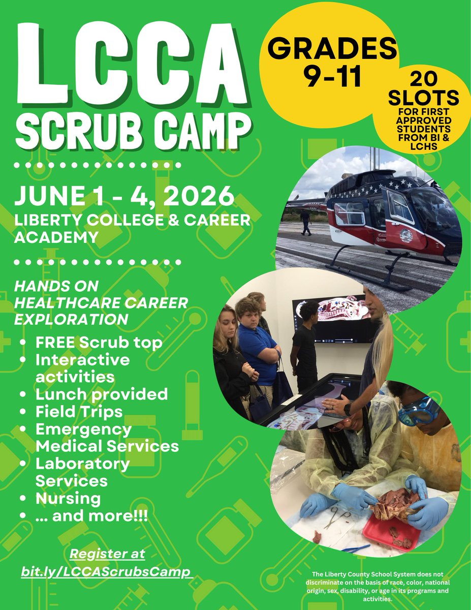 Are you a 9-11th grade <a href="/LibertyCoSchool/">Liberty Co. Schools</a> student interested in healthcare science? 

Join us for our annual Scrub Camp!!! 

Register Here: bit.ly/LCCAScrubCamp