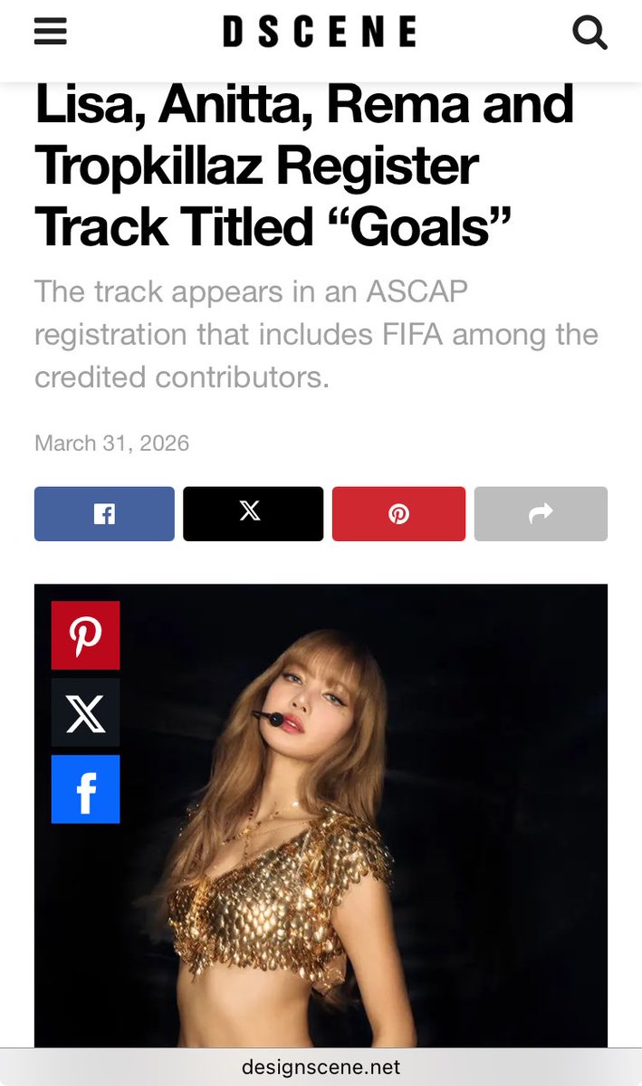 🚨“Goals”, parceria entre Anitta, Lisa e Rema para a Copa do Mundo, ganha matéria na revista internacional DScene Magazine.