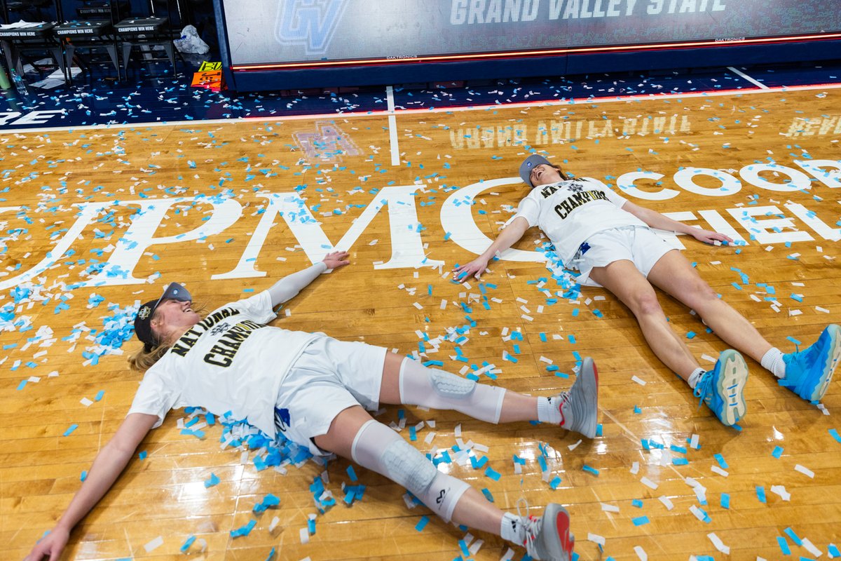 GVSU's tweet photo. We’re still here 🥳🏆 

Relive the historic @gvsuwbb season that brought the Lakers 👏 BACK 👏 to 👏 BACK 👏 national championships and a season record of 36-1: https://t.co/aeYloC88TT 

📸: Emily Riddle https://t.co/yM4svr4yEn