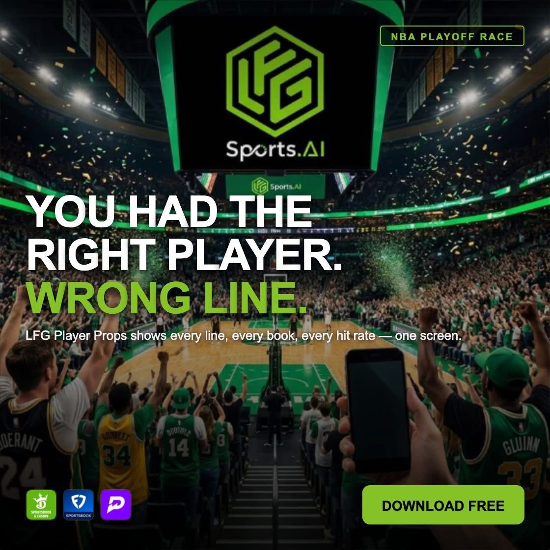 During the NBA playoff race that kind of miss adds up fast.

LFG Sports AI Player Props shows you every line across all your sportsbooks and the historical hit rate on each prop, side by side, one screen.

The best available line is right there. Now you know.

Download free at