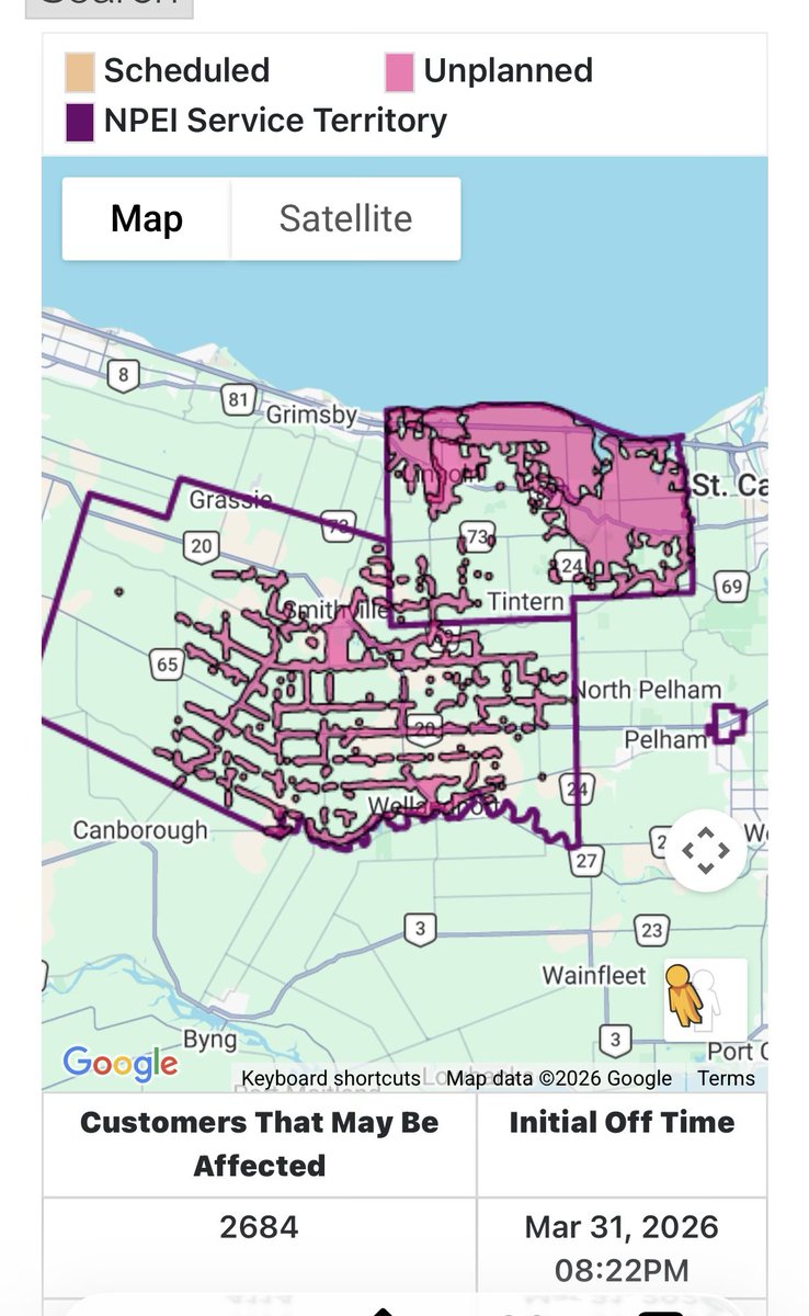 610CKTB's tweet image. NOW | Large power outage in #Niagara impacting a number of communities. 4000 without power currently. @NPEIHydro has provided this outage map: