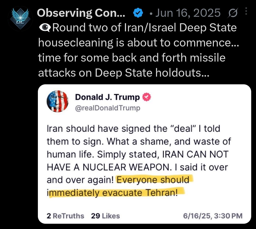 holonabove's tweet photo. Trump is orchestrating both sides of the Iran/Israel conflict... bombs blowing up key Deep State targets on both sides...

Same as Operation Midnight Hammer... Trump has been playing both sides to eliminate globalist control of Iran and Israel... see images...

Iran is a proxy to take out Israel Deep State and Iran is being freed from globalist control while losing war capabilities... pitting one against the other is cover for the final globalist takedown... been saying it for a year...