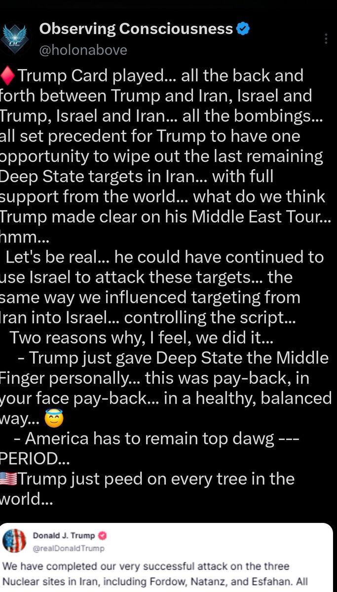 holonabove's tweet photo. Trump is orchestrating both sides of the Iran/Israel conflict... bombs blowing up key Deep State targets on both sides...

Same as Operation Midnight Hammer... Trump has been playing both sides to eliminate globalist control of Iran and Israel... see images...

Iran is a proxy to take out Israel Deep State and Iran is being freed from globalist control while losing war capabilities... pitting one against the other is cover for the final globalist takedown... been saying it for a year...