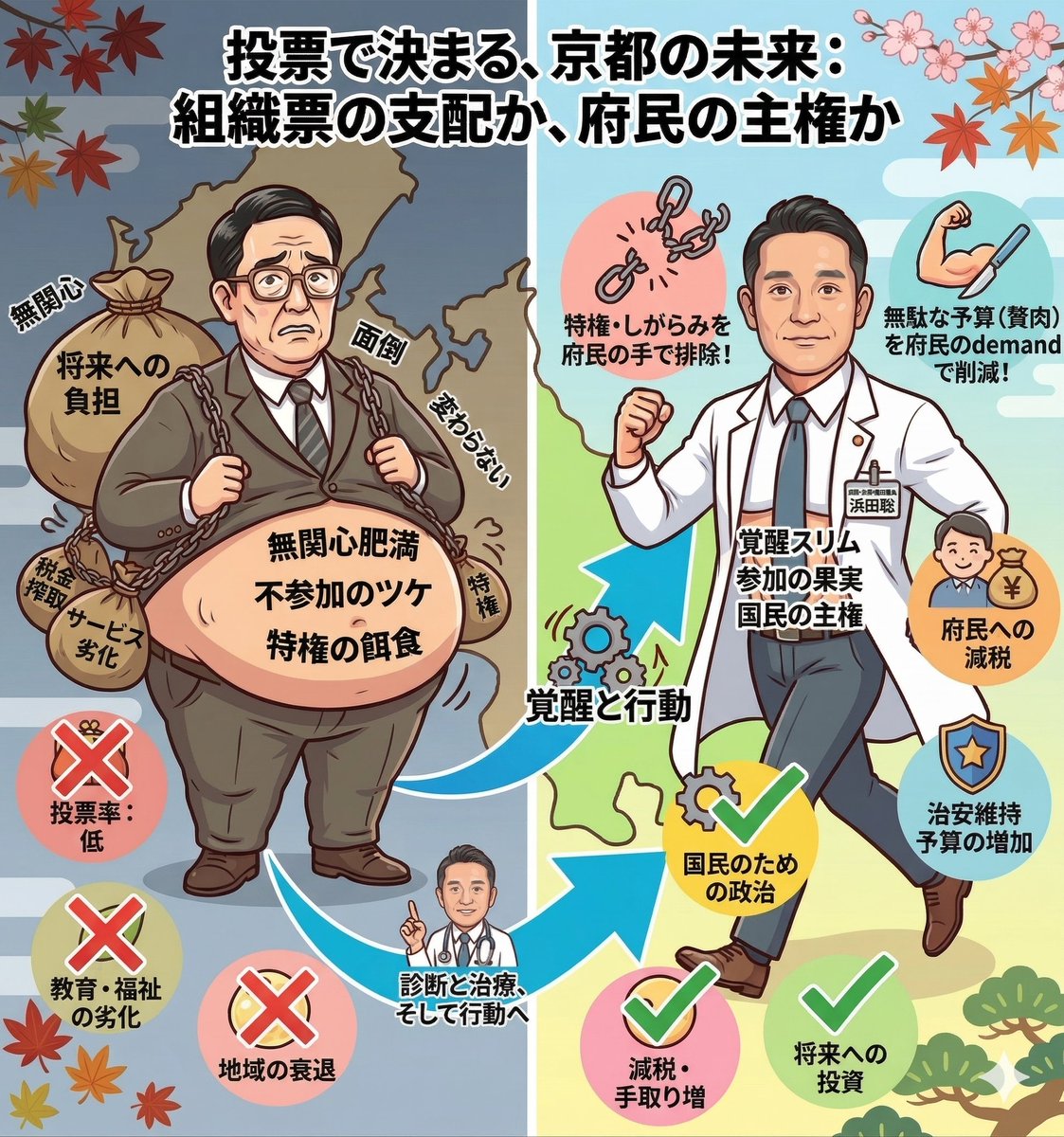 HyogoBlog's tweet photo. @nihonjintamasii 京都府知事選挙ラストスパート！
京都府民のみなさま、選挙に行きましょう！
組織票に負けないでください！
#京都府知事選挙 #投票に行こう
#浜田先生がんばれ #浜田聡を京都府知事に https://t.co/NmNKAxaDwz
