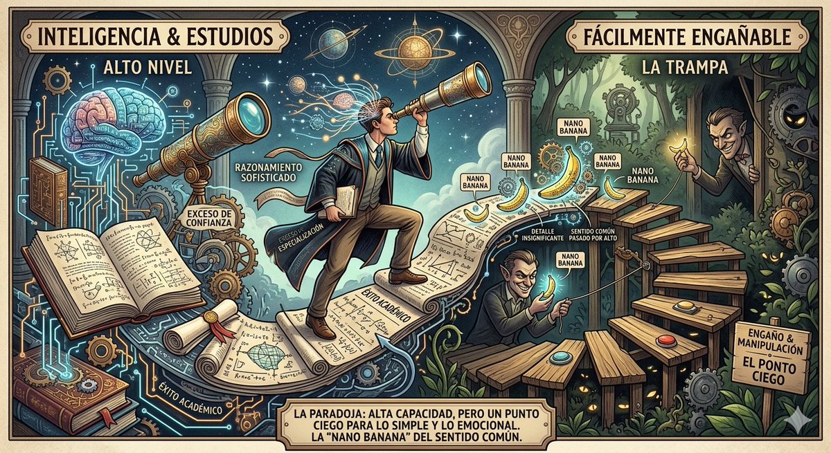 musicandsoularg's tweet photo. Estás de acuerdo?

La inteligencia y los estudios no garantizan el éxito pero por alguna razón, muchas de estas personas son fácilmente engañables. 

A ver que te parece lo que sigue

Esto es una de esas paradojas fascinantes de la condición humana. 

Es real, y de hecho, tiene un nombre que suena casi a advertencia: 

"La trampa de la inteligencia".

A veces, cuanto más afinado está el instrumento de nuestra mente, más fácil es que nos perdamos en la belleza de su propia música, olvidando que afuera el clima puede estar cambiando. 

Es como tener un telescopio de altísima precisión: 
Podés ver galaxias lejanas con una claridad asombrosa, pero si no bajás la mirada, podrías tropezar con el primer escalón que tenés enfrente.

Algunas razones de por qué sucede este fenómeno:

1. El exceso de confianza (Hubris intelectual)
La gente muy inteligente o con muchos estudios suele creer que su capacidad de análisis es un escudo impenetrable. 
Esa confianza los vuelve menos propensos a cuestionar sus propias intuiciones. 
Piensan: 
"Soy demasiado listo para que me engañen", y esa es, precisamente, la puerta de entrada para cualquier engaño. La humildad es una lente que a veces se empaña con los títulos.

2. La trampa de la racionalización.
Este es quizás el punto más crítico. 
Una persona inteligente no solo tiene más ideas, sino que tiene mejores herramientas para justificar ideas equivocadas.

 * Si una persona promedio comete un error, se da cuenta pronto porque la realidad lo golpea.
 * Una persona muy instruida puede construir un andamiaje lógico brillante para defender un error, convenciéndose a sí misma de que tiene razón mediante una retórica sofisticada.

3. La inteligencia no es sabiduría (ni sentido común)
La inteligencia suele medirse por la capacidad de procesar información, resolver problemas complejos o retener datos. 
Pero el "ser engañable" suele estar vinculado a la inteligencia emocional y al pensamiento crítico aplicado a la vida diaria.

Podés ser un genio en física cuántica o en diseño técnico, pero si no desarrollaste la malicia necesaria para detectar una intención oculta o un sesgo emocional, sos tan vulnerable como cualquiera.

4. El punto ciego de la especialización.
Vivimos en una era de hiper-especialización. 
Alguien puede saberlo todo sobre un átomo o una frecuencia de audio, pero ser un analfabeto funcional en psicología humana o en finanzas. 
Los estafadores suelen atacar precisamente esos "puntos ciegos" donde el experto no tiene jurisdicción pero cree que, por ser inteligente en su área, lo es en todas.

Como diría Carl Sagan, para ver la verdad necesitamos tanto la imaginación como el escepticismo. 

La inteligencia sin escepticismo especialmente hacia uno mismo es como un motor potente en un auto sin frenos.

Y te dejo una pregunta: 
¿Alguna vez te pasó de ver a alguien brillante defendiendo algo que a vos te parecía una obviedad o un error evidente?

#Inteligencia #Educacion #Reflexion #Psicologia 
#LaTrampaDeLaInteligencia
#Pensamientocritico
#Sesgoscognitivos
#Gullible #Astucia 
#Humildadintelectual 
#AstuciaVSErudición