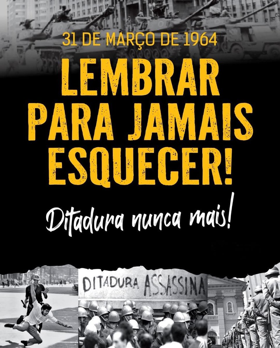 Os 62 anos do golpe empresarial-militar de 1964, o Brasil enfrenta efeitos de uma ruptura que silenciou direitos e aprofundou desigualdades. Relembrar é ato político: sem memória não há democracia. É preciso reafirmar memória, verdade e justiça. 
Ditadura militar Nunca Mais!