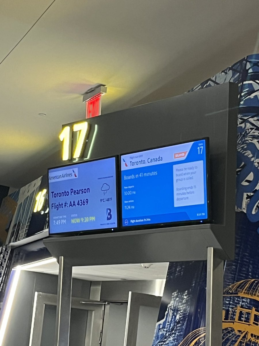 hillwass's tweet photo. @AmericanAir one gate, two different departure times. Would love to know when my very delayed flight is going to leave 😭 (and why are you blaming the delay on weather in NYC? it’s been a gorgeous day here) https://t.co/lW2qP7IBUJ