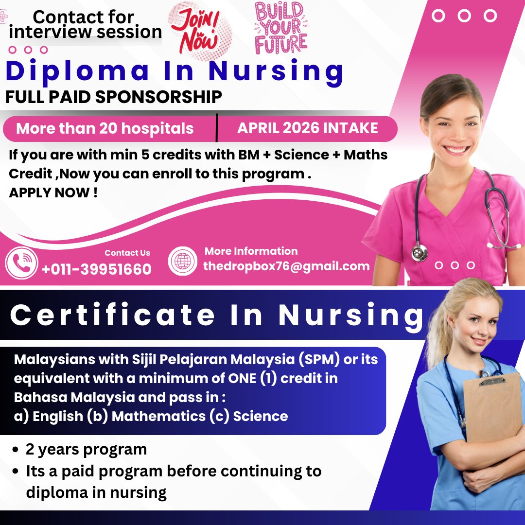 APTGlobalEdu's tweet photo. 🚨 SPM lepas? Peluang jadi NURSE!

💉 Diploma in Nursing
✅ Tajaan penuh
✅ Elaun
✅ >20 hospital
📅 April 2026 intake
✔ Min 5 kredit (BM + Science + Maths)
Tak cukup syarat?
👉 Certificate → Diploma
DM “NURSE” sekarang 👇 https://t.co/do2fHOLwhs