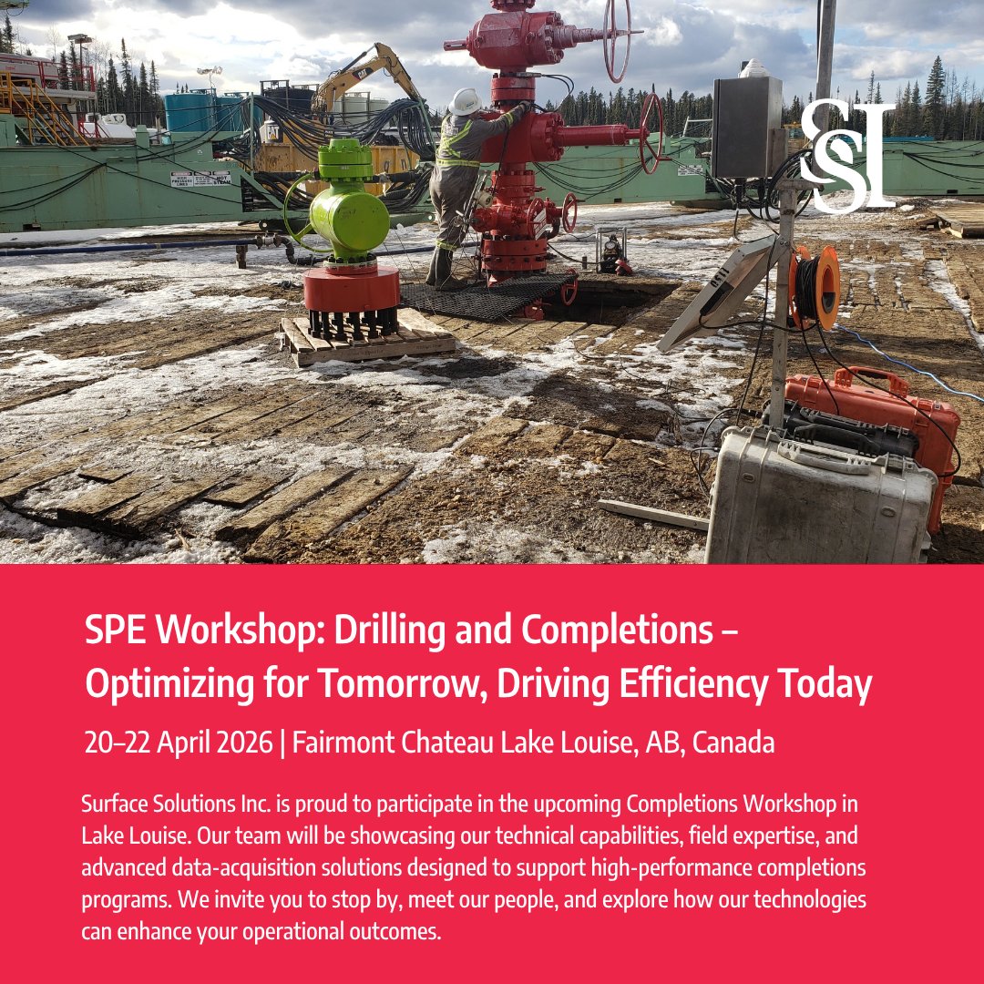 ssioptimization's tweet photo. Surface Solutions Inc. is excited to be participating in the upcoming Completions Workshop. This event brings together operators, service companies, and technical experts and explores how our solutions can help elevate operational efficiency and decision‑quality in the field. https://t.co/K9Tfa9UdGa