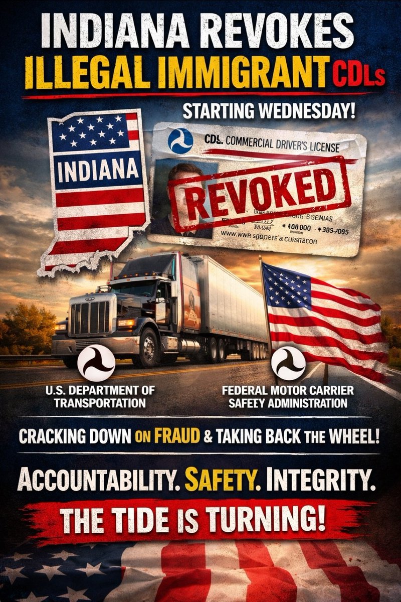 dr_phil_truckn's tweet image. Indiana just made a move....
and it’s a big one.

Starting Wednesday, the state will revoke all #CDLs held by illegal immigrants.
That’s not politics. 
That’s enforcement. 
That’s accountability. 
That’s safety.

For too long, we’ve watched a system full of loopholes get