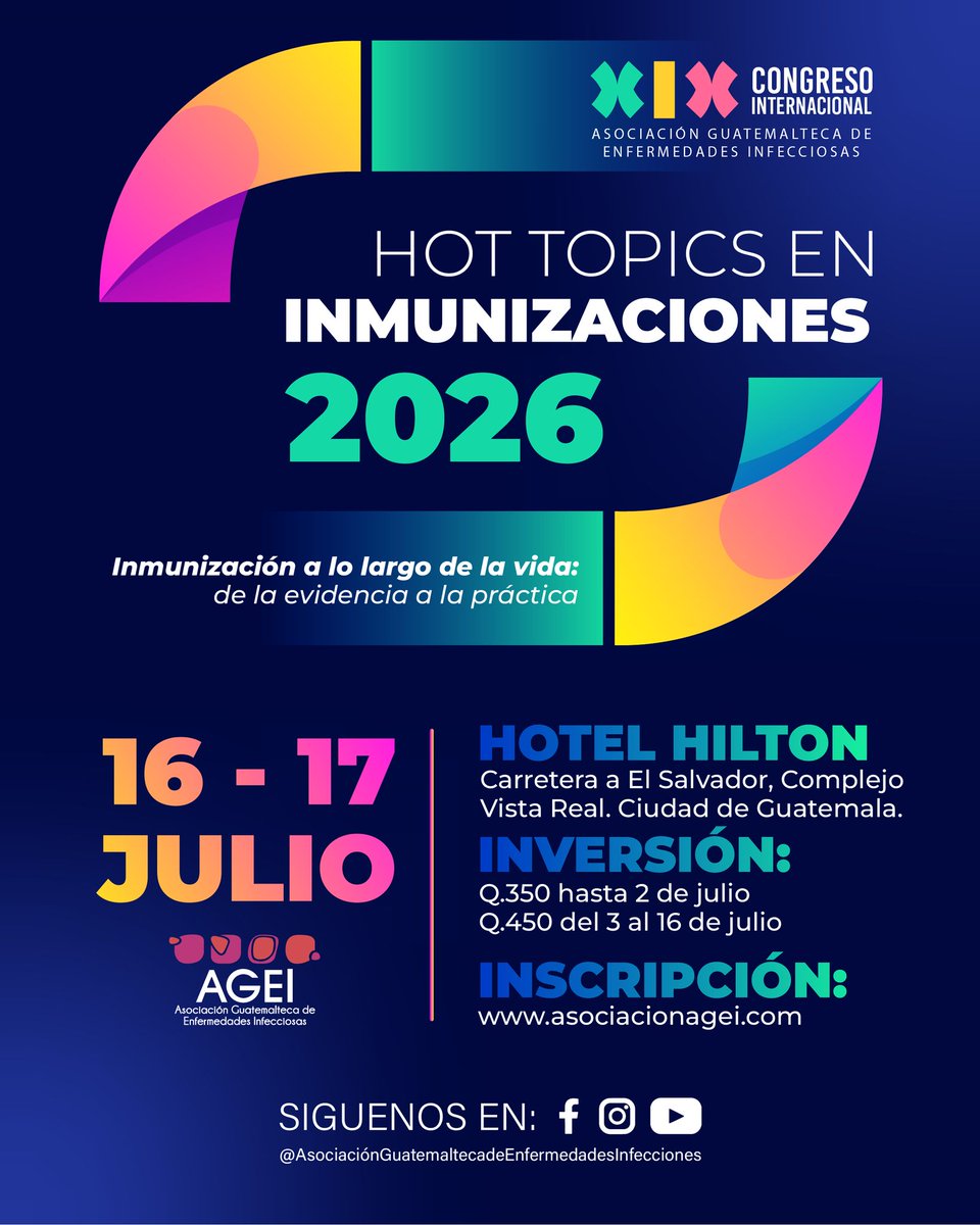 _AGEI's tweet photo. ¡Ya viene el evento más esperado en infectología! 

No te pierdas este espacio de aprendizaje, innovación y networking con expertos nacionales e internacionales.

INSCRÍBETE HOY en: https://t.co/JM62T7HS3s
Inversión:
Q.350 hasta el 2 de julio
Q.450 del 3 al 16 de julio https://t.co/sOiOZNlKt6