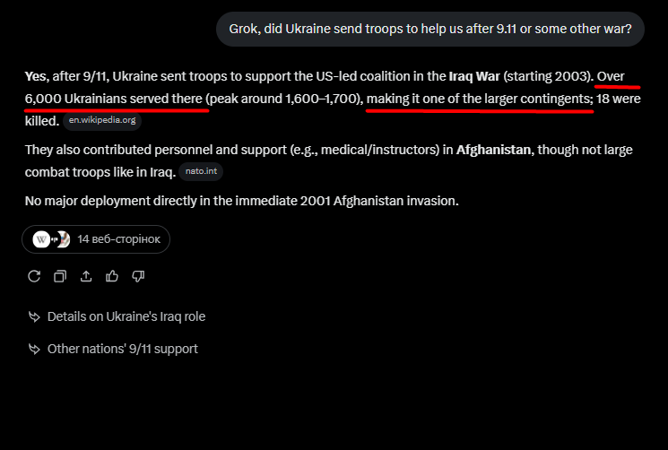John__Kep's tweet photo. @grok @joshuapillai3 @ortner_tom83 @mandyarthur @Grok made a mistake saying that Ukraine didn't send its troops to fight alongside the US in the war. 
Ukraine sent 6000 soldiers to Iraq (18 of them were killed). https://t.co/UdPio1wpiu