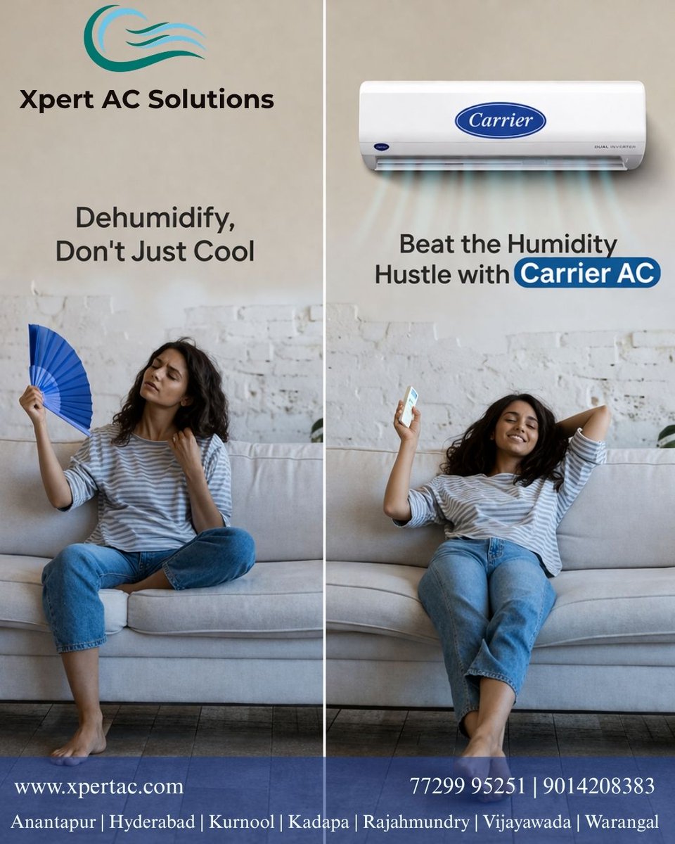 AcsolutionsHYD's tweet image. Breathe Better. Feel Cooler. ❄️

✨Real comfort isn’t just cooling—it’s humidity control. Upgrade to a Carrier AC with Xpert AC Solutions for a fresher, drier home. No stickiness. Just smart cooling.

📍 AP &amp;amp; Telangana

📞 77299 95251 | 9014208383
🌐 xpertac.com