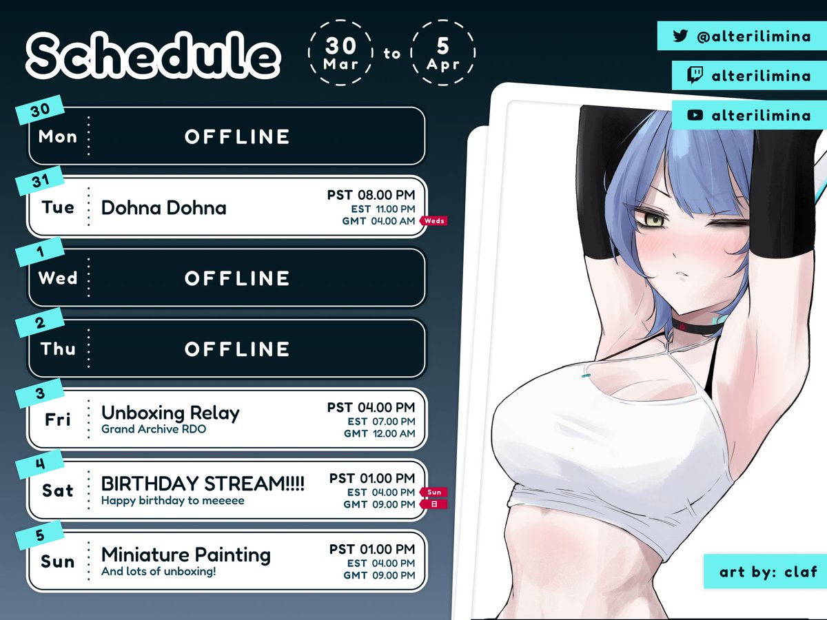 𝜗˚₊03/30-04/05₊˚𝜚      
⊹ I have work and birthday prep stuff so I won't be able to stream as much. Certain streams may get cancelled and there may be guerillas in between!
+ Birthday stream will be a long one but will start at 1pm PT! Hope to see you there!