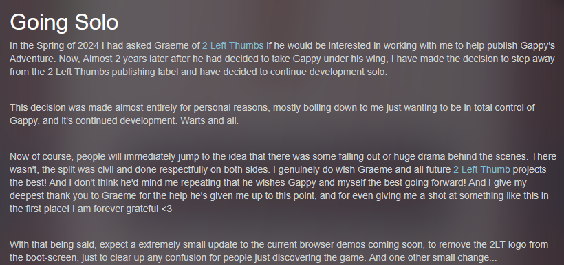 GappyGame's tweet photo. This Month's Gappy Blog post is pretty short, but has a very important announcement

Gappy will no longer be published under @2_left_thumbs https://t.co/vIzpEcKWsf