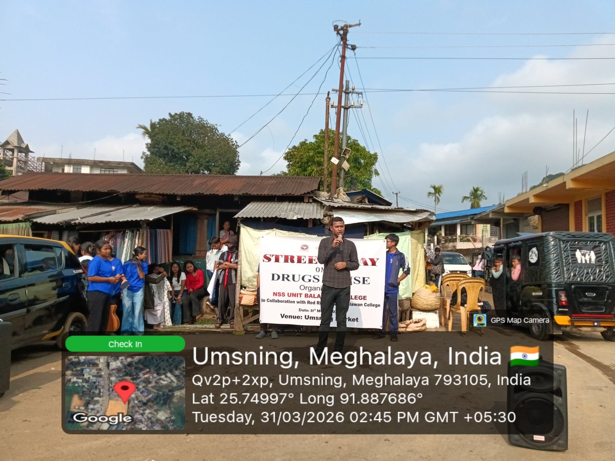 NssBalawan's tweet photo. Street Play on Drugs Abuse organised by NSS Balawan College today 31/03/2026 at Umsning Market
@CellNehu @nss_rdguwahati @SNONSSMeghalaya @YASMinistry https://t.co/zaDuiN1UPF