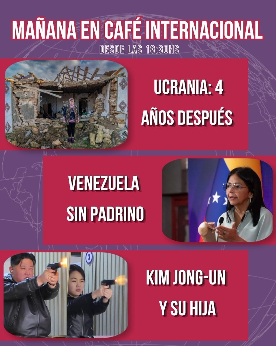 TODO LO QUE TENÉS QUE SABER DE INTERNACIONALES 🫡
Mañana desde las 18:30hs vamos a estar hablando sobre:
🇺🇦 El conflicto en Ucrania 4 años después 
🇻🇪 El panorama interno y externo tras la destitución del Ministro de Defensa en Venezuela.
👨‍👦La relación de Kim Jong-Un con su hija