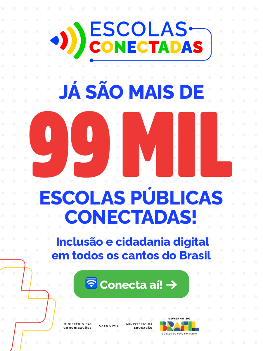 min_educacao's tweet photo. Já temos 99 mil escolas públicas conectadas em todo o Brasil.🛜

Desde 2023, com a Estratégia Nacional de #EscolasConectadas, o #MEC e o @mincomunicacoes estão trabalhando para levar internet e estrutura digital de qualidade a todas as escolas públicas de educação básica do país. https://t.co/fx0A0YXn4V