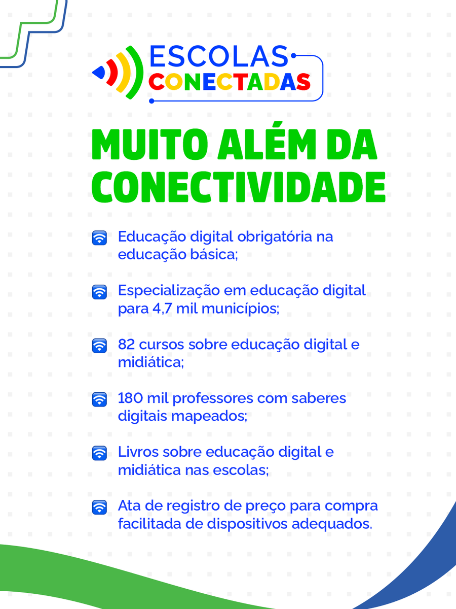 min_educacao's tweet photo. Já temos 99 mil escolas públicas conectadas em todo o Brasil.🛜

Desde 2023, com a Estratégia Nacional de #EscolasConectadas, o #MEC e o @mincomunicacoes estão trabalhando para levar internet e estrutura digital de qualidade a todas as escolas públicas de educação básica do país. https://t.co/fx0A0YXn4V