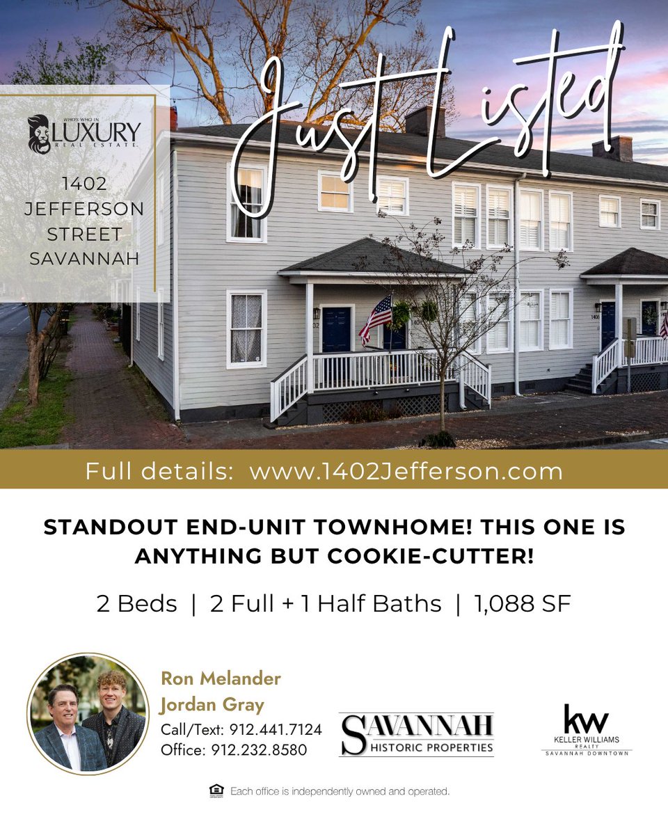 RonMelander's tweet photo. ✨ JUST LISTED - Standout End-Unit Townhome! This One is Anything But Cookie-Cutter!

📍 1402 Jefferson Street, Savannah, GA 31401
🛏️ 2 bedrooms
🛁 2.5 baths
🏡 1,088 sf

✨ Visit https://t.co/9Rq8yQeqIF to see all the details, images, virtual tour, listing status &amp; pricing. https://t.co/2UYezVCM9K