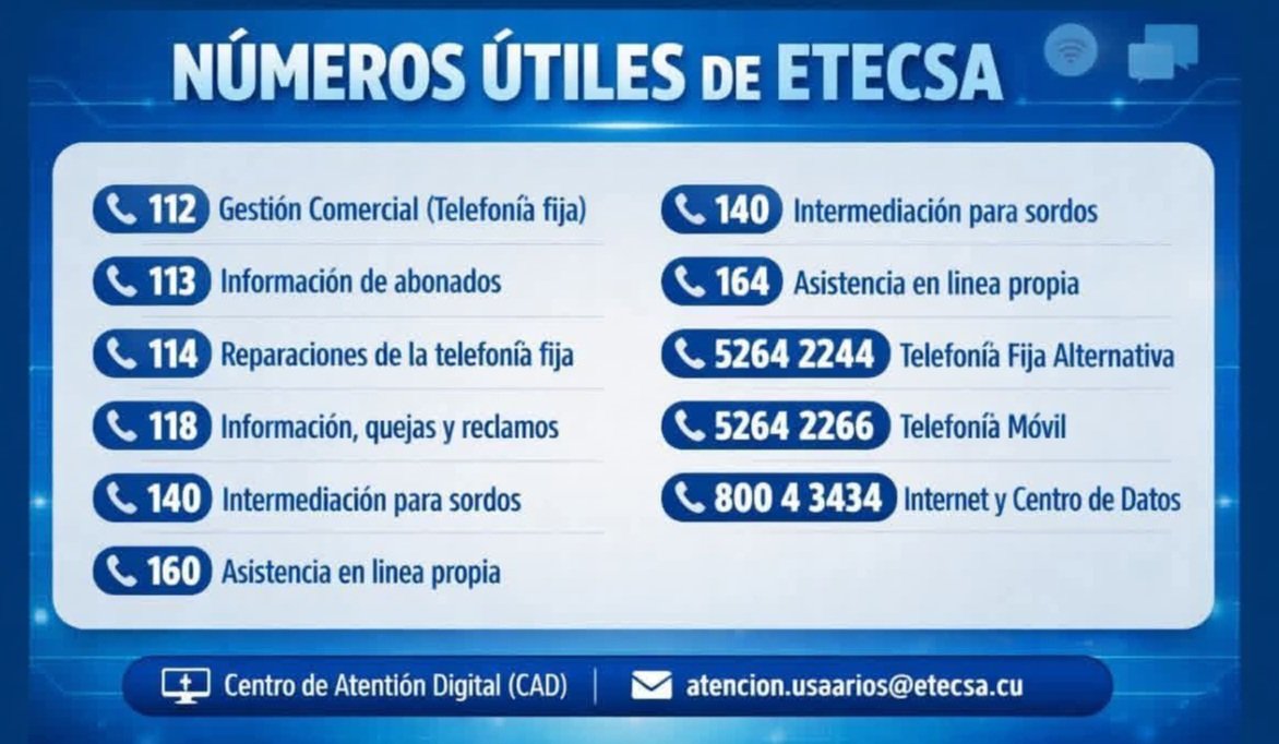 CanuetElaine's tweet photo. 📞 ¡Números útiles de @ETECSA_Cuba para ti!

Ten a mano estos contactos clave, ver imagen 👇

#EtecsaConCuba #ServiciosETECSA #ContigoSiempre https://t.co/k6NF0GrS1F