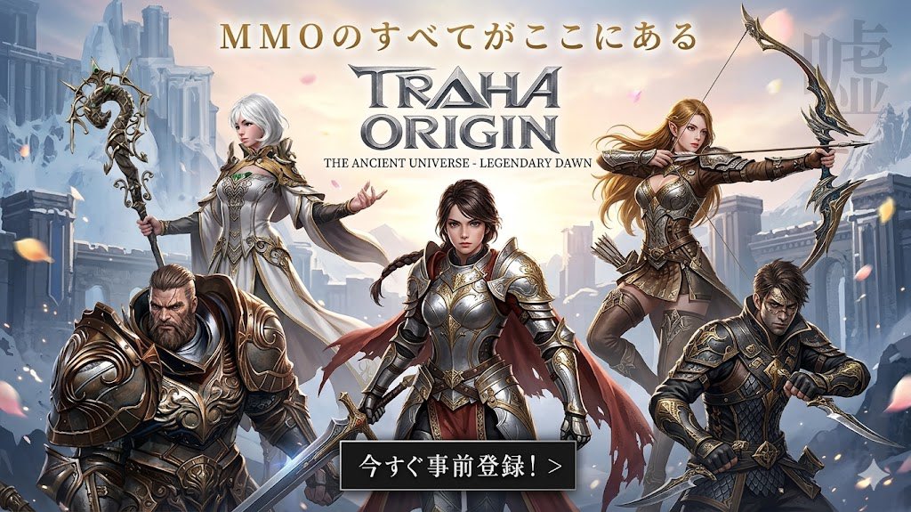 traha_tk's tweet photo. ┏━━━━━━━━━━━━━┓

　MMOのすべてがここにある

┗━━━━━━━━━━━━━┛

あの伝説のMMORPGが、究極の進化を遂げて帰ってくる——。

シリーズ最新作『TRAHA ORIGIN』 
2026年4月1日、全世界同時リリース決定！

#TRAHA #トラハ #TRAHA_ORIGIN #エイプリルフール https://t.co/ziKHt0WimA