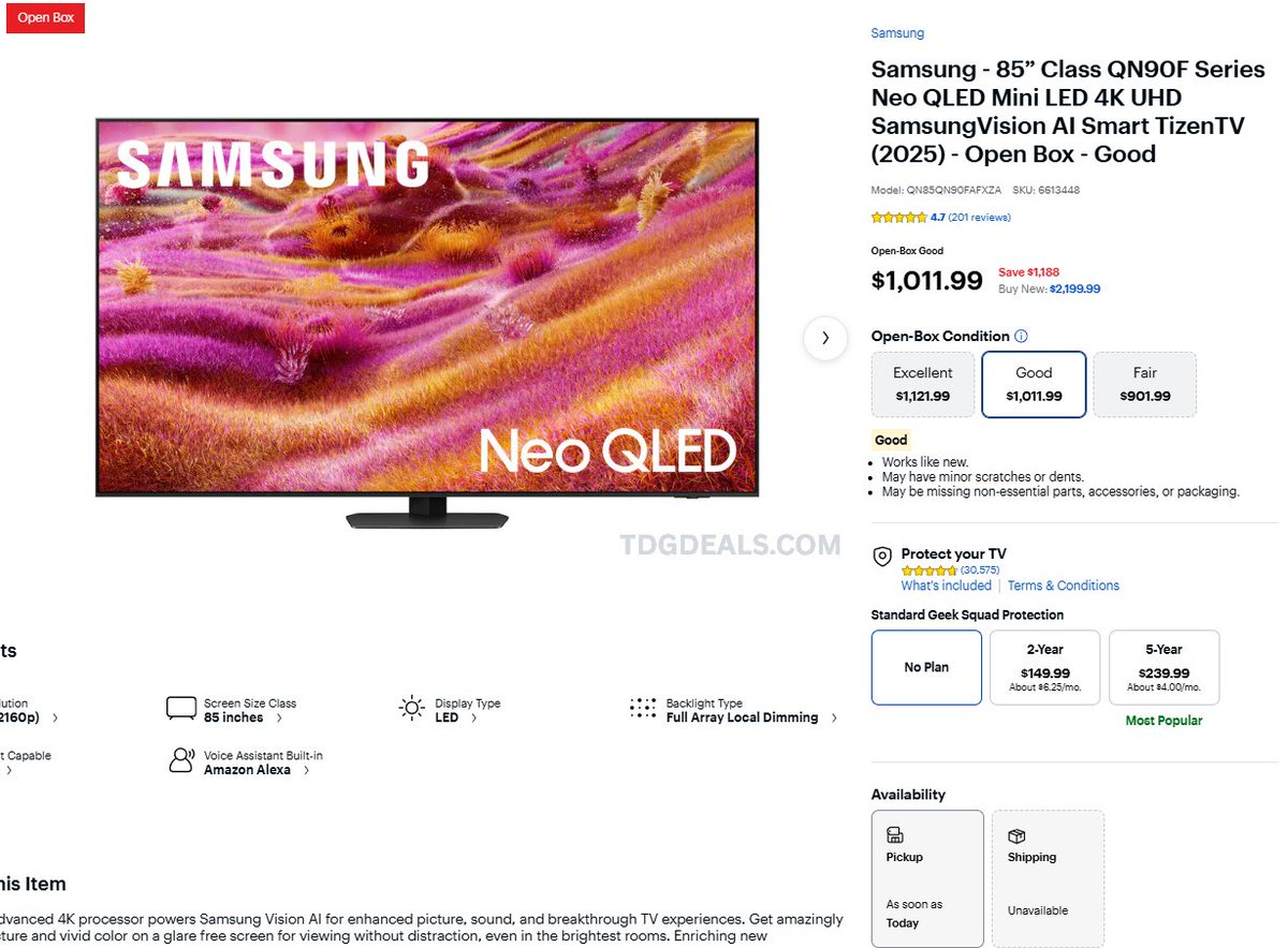 thedealsguy_'s tweet photo. $1012 — Samsung 85" QN90F Neo QLED 4K Smart TV (2025)
(Open Box – Good condition)

Check your local Best Buy for availability 👀

Grab it here: https://t.co/N8Yw424h6m

#BestBuyPartners #Ad https://t.co/T5eGvwQwxn